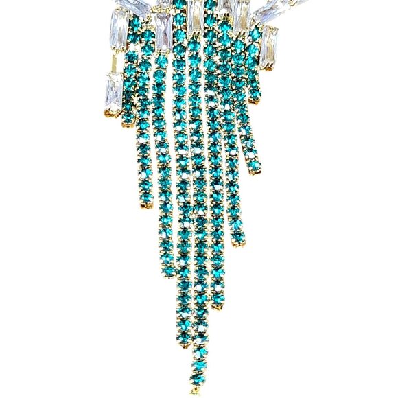 Crystal Starburst Dangle Earrings Green Rhinestones Fringe Design - Picture 6 of 9